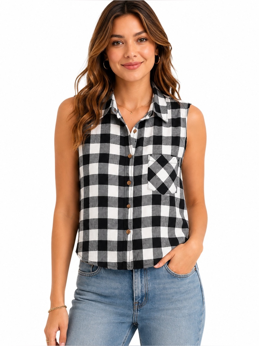 Forever 21 Buffalo Plaid Sleeveless Shirt Black White Button Front Large
